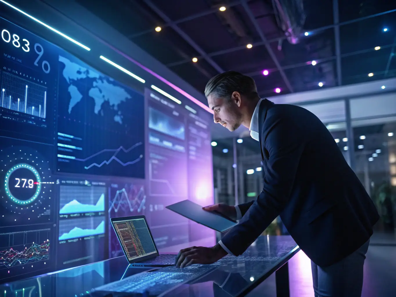 A consultant analyzing data on a tablet, with AI algorithms visualized in the background, symbolizing data-driven decision-making.
