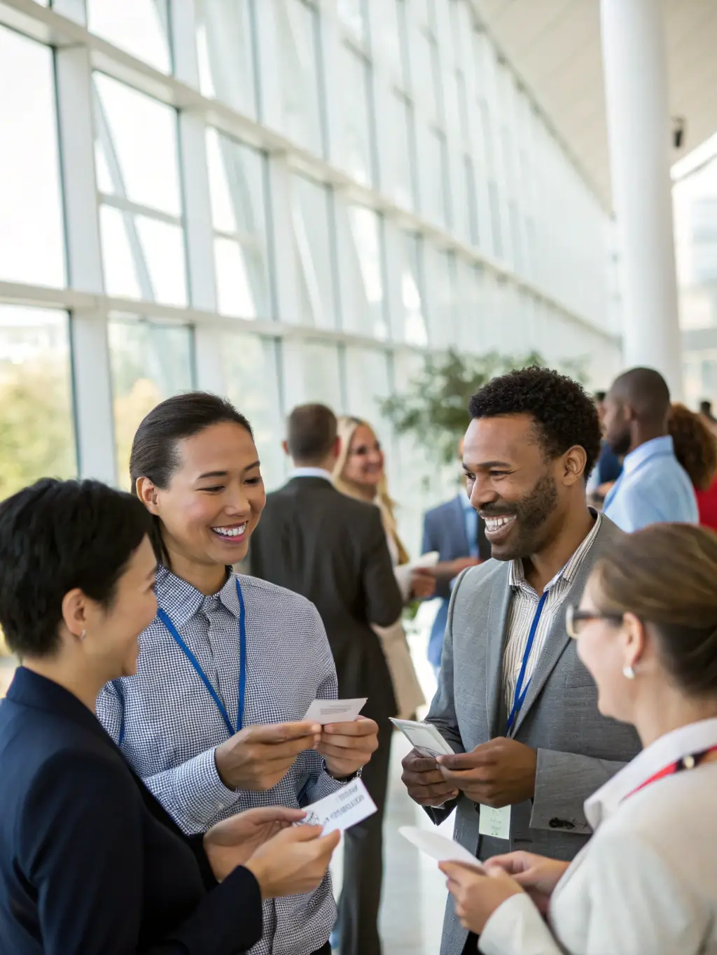 A diverse group of professionals networking at a Launch Lead event, exchanging business cards and engaging in conversation, symbolizing networking initiatives.