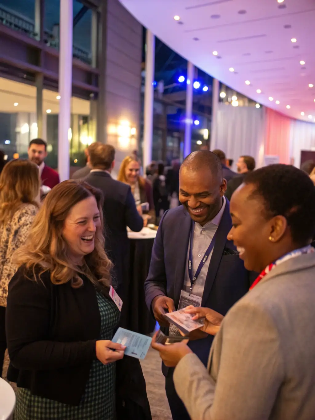 A photo of a professional networking event with diverse attendees exchanging ideas and business cards, symbolizing Launch Lead's networking initiatives.