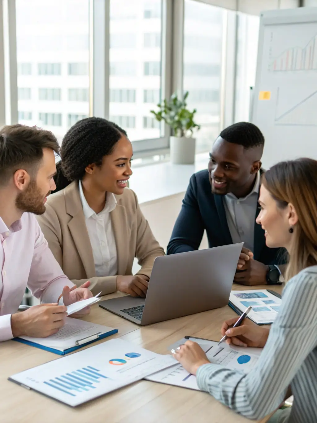 A visual of a business team analyzing growth charts and strategic plans in a collaborative meeting, representing Launch Lead's holistic business growth approach.