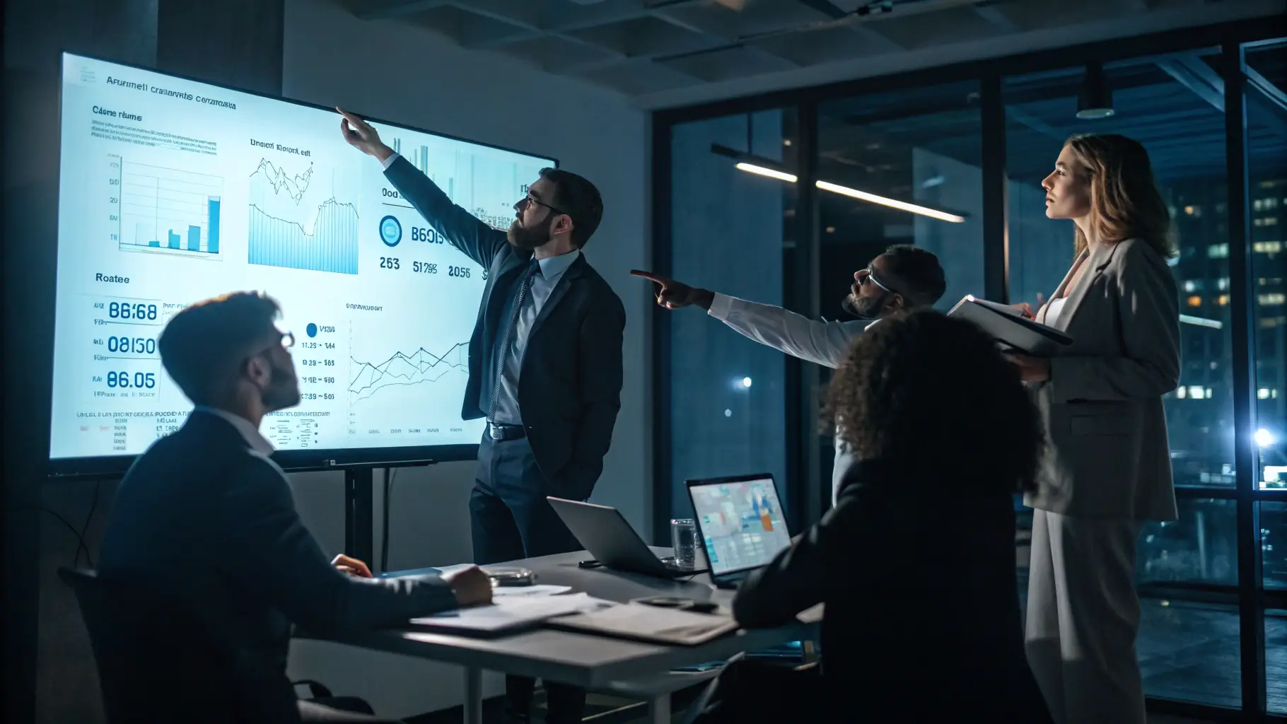 A diverse team of business consultants collaborating in a modern office space, brainstorming ideas and analyzing data on a large screen.