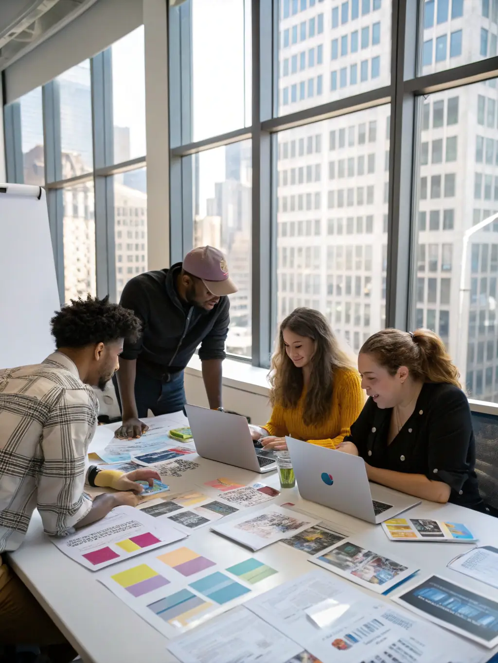 An image of a creative team brainstorming brand logos and visual identity concepts in a modern office setting, representing Launch Lead's brand development service.
